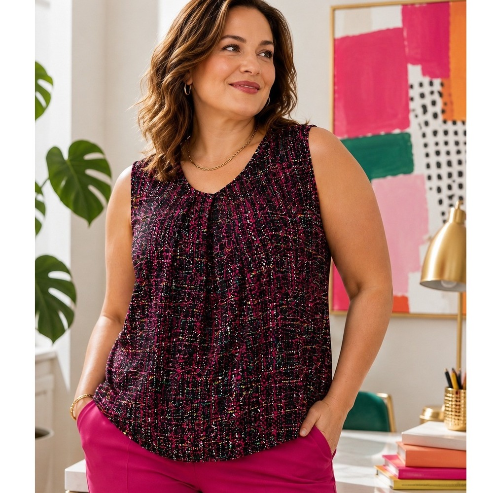 Talbots Woman 2X Black Pink Floral Confetti Print Sleeveless Blouse Top